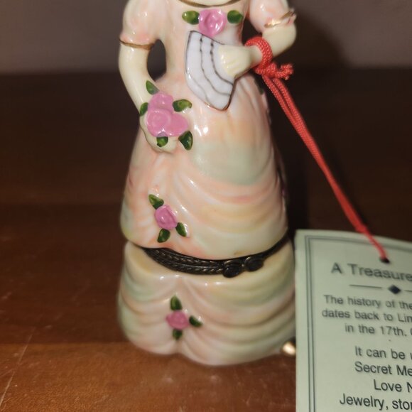 Porcelain Victorian Lady Figurine Trinket Box With Hand-Painted Floral Details - Picture 3 of 6